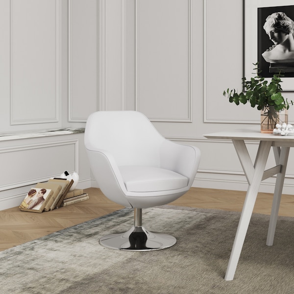Caisson Faux Leather Swivel Accent Chair In White And Polished Chrome